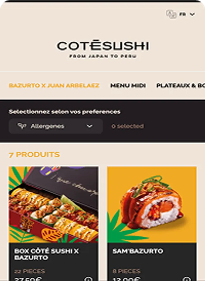 Interfaz de menú móvil de restaurante japonés y peruano mostrando sushis y precios